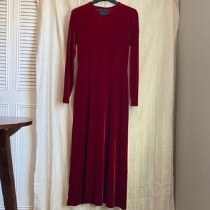 Red Velvet Maxi Dress Long Sleeve Ralph Lauren Vintage Retro Size L